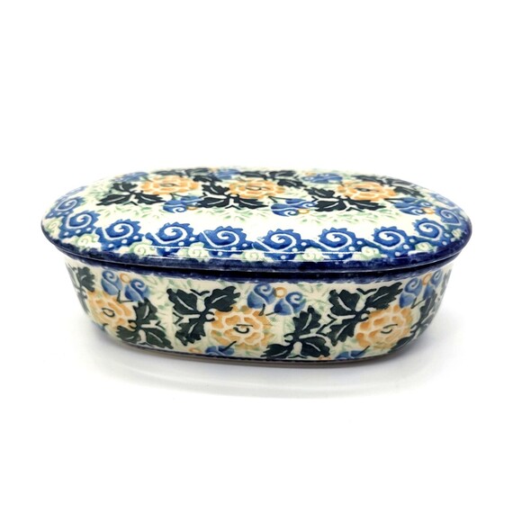 Polish Pottery Unikat Oval Lidded Trinket Box Floral Hand Painted Boleslawiec - Picture 1 of 12
